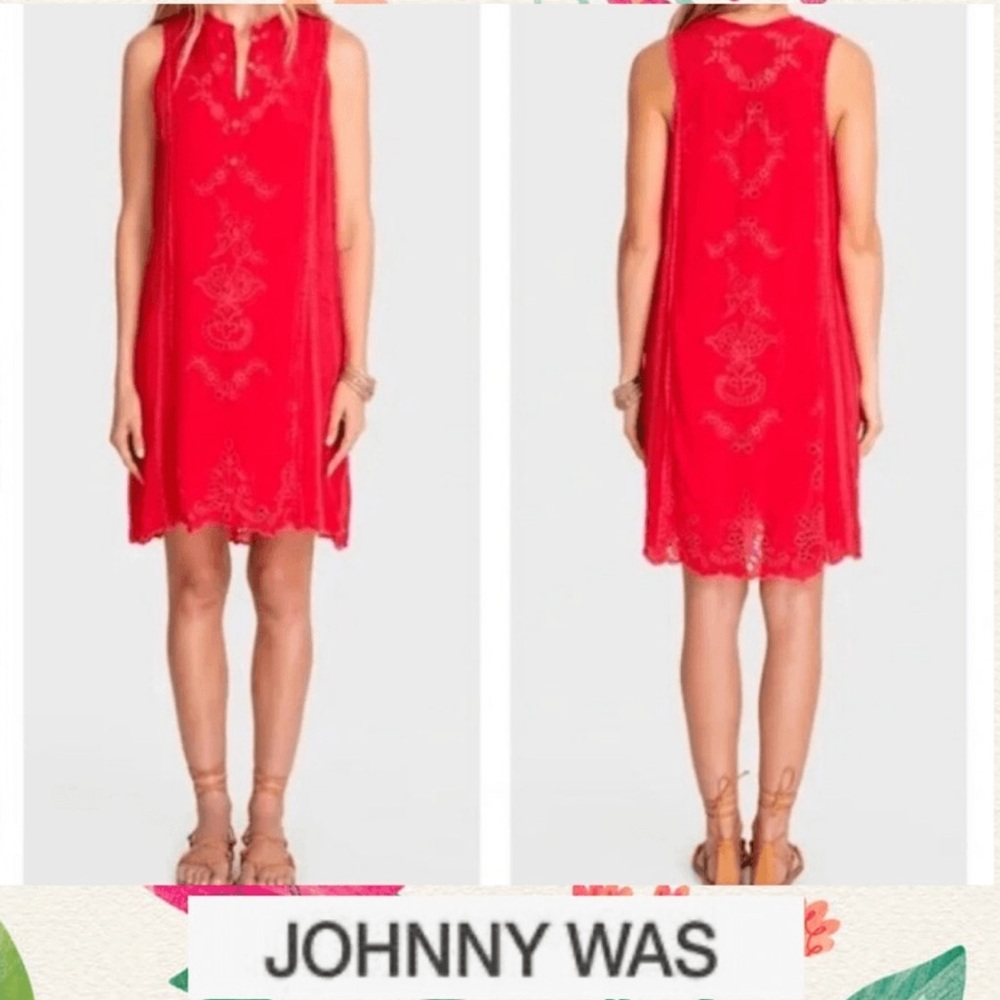 Johnny Was Rhodes Vibrant Red sheer Embroidered dress